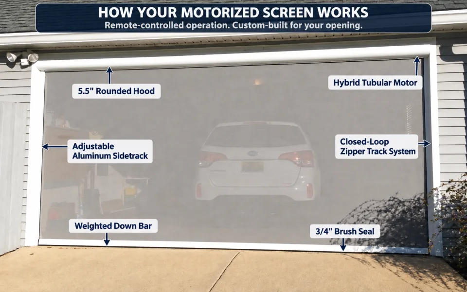 Motorized screen lowered across a two-car garage opening, with labels pointing to each component of the screen system